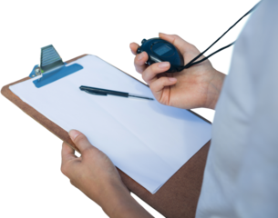 Cropped image of trainer with clipboard and stopwatch