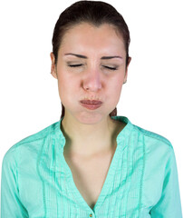 Woman with eyes closed while making face
