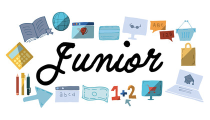 Junior text surrounded by various colorful vector icons