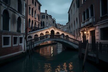 Fototapeta na wymiar A bridge over a canal between buildings Generative AI