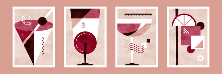 お酒の抽象的な水彩イラスト カクテルやワインのカードセット - obrazy, fototapety, plakaty