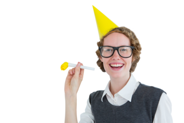 Geeky hipster in party hat with horn