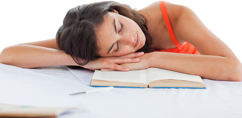 Sleeping student head on her books