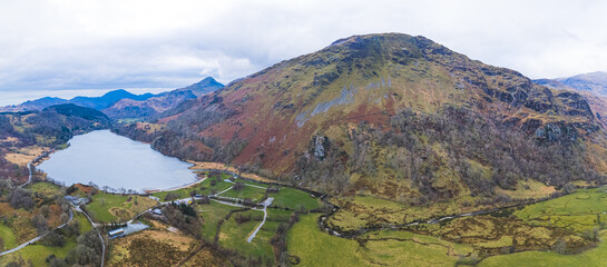 wide aerial view of Llyn Peris Lake and Snowdonia National Park, tourist destination in Wales. High quality photo