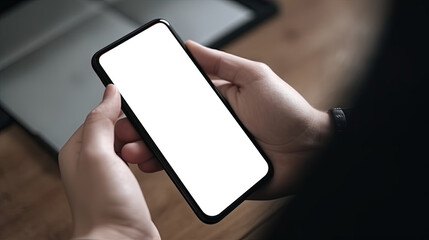 Person hand holding blank white screen mobile smart phone with blurred background for advertisement (AI Generated)