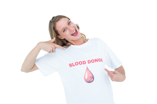Blood donor showing her t-shirt - Powered by Adobe
