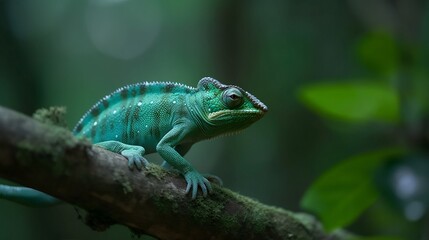 green lizzard on tree,  green chameleon on tree, nature, blury green background