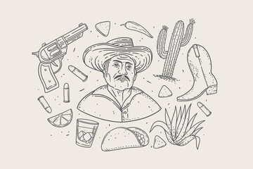 Large set of traditional Mexican symbols in linear style. Hand-drawn mexican farmer, agave, boot, revolver, bullets, cactus, taco flatbread, boot, glass of tequila, lime wedge. Vector illustration.
