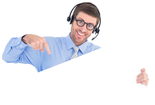 Businessman showing card wearing headset - Powered by Adobe