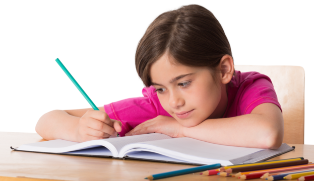Cute pupil working at her desk