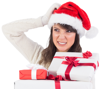 Cute brunette scratching head and holding gifts