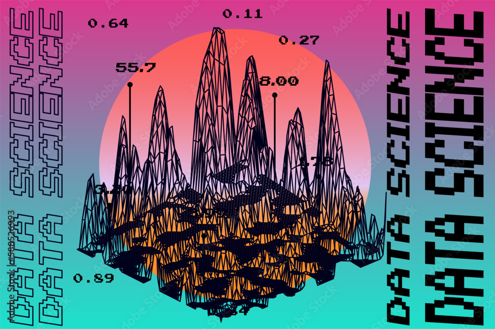 Poster Data visualization in a 3D abstract geometric graph. Analysis and mathematical statistics subject illustration.