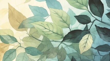 A soft background of leaves in digitally illustrated watercolor and ink style. Generative AI. 