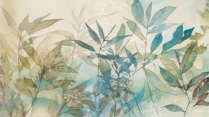 A soft background of leaves in digitally illustrated watercolor and ink style. Generative AI. 