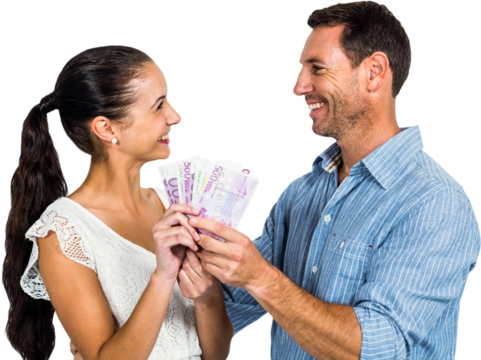 Smiling couple holding money - Powered by Adobe