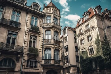 Fototapeta premium A group of buildings with windows Generative AI