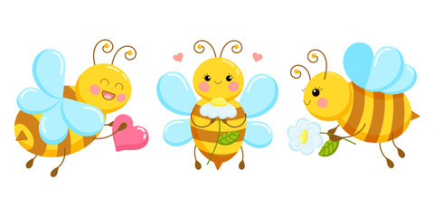 Set of illustrations of cute cartoon bees in love with daisies