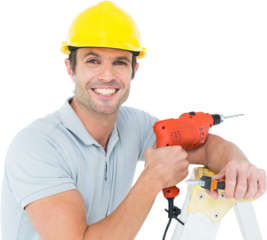Happy technician holding drill machine while leaning on ladder