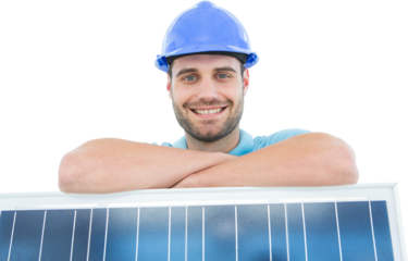 Happy construction worker leaning on solar panel
