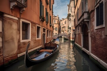 Fototapeta na wymiar A boat in a canal between buildings Generative AI