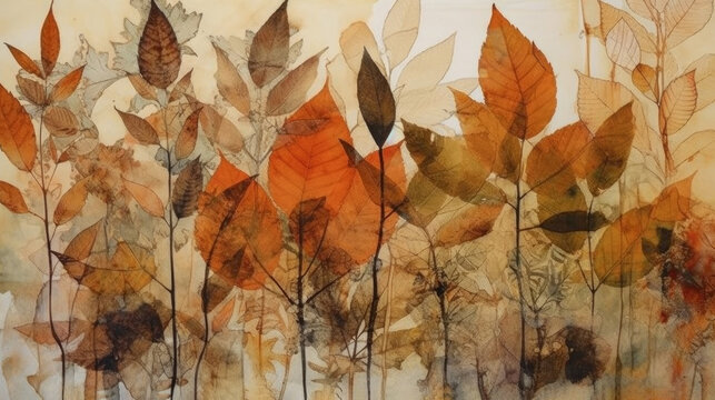 A soft background of leaves in digitally illustrated watercolor and ink style. Generative AI. 