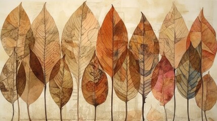 A soft background of leaves in digitally illustrated watercolor and ink style. Generative AI. 