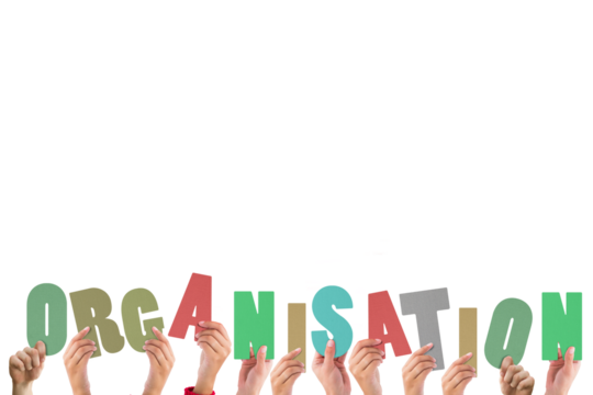 Cropped hands holding colorful word organisation - Powered by Adobe