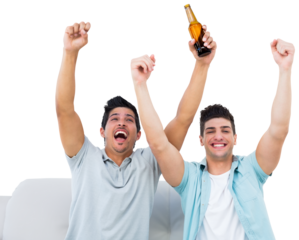 Sports fans celebrating while holding beer