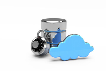 Database server icon with combination lock and blue cloud