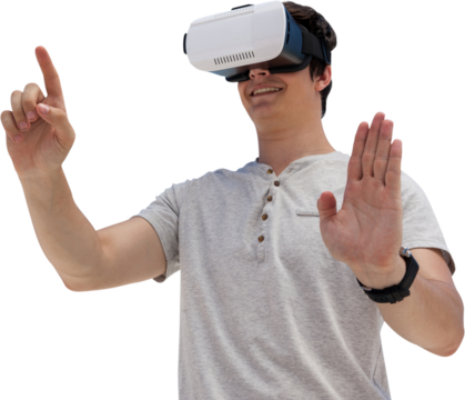 Smiling young man using virtual reality glasses