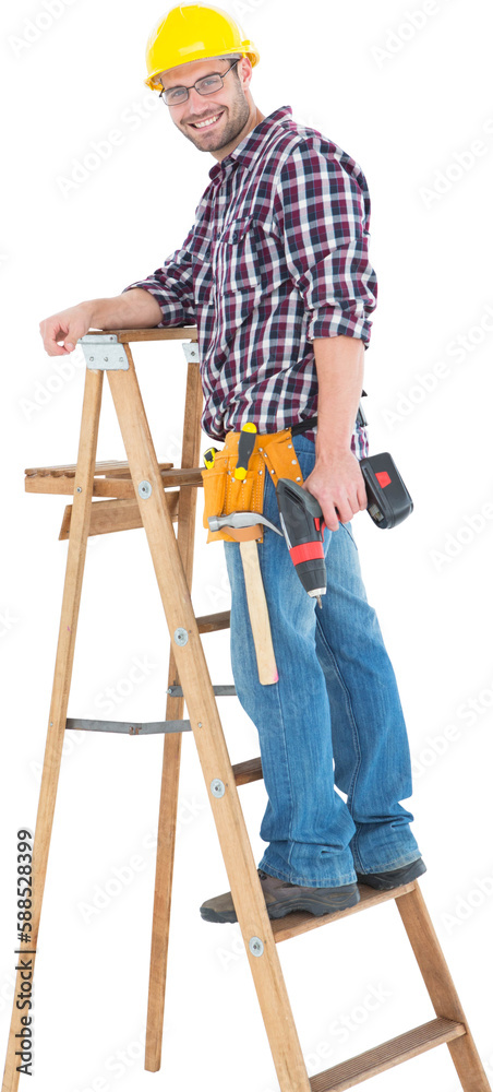 Wall mural Repairman climbing ladder while holding power drill