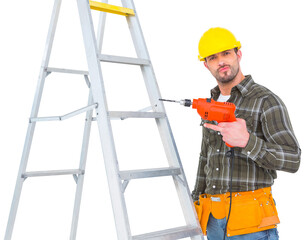 Portrait of handyman with power drill standing by ladder