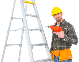 Portrait of handyman with power drill standing by ladder