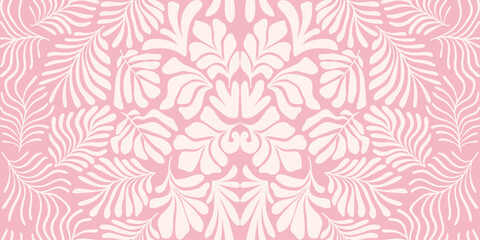 Pink white abstract background with tropical palm leaves in Matisse style. Vector seamless pattern with Scandinavian cut out elements.