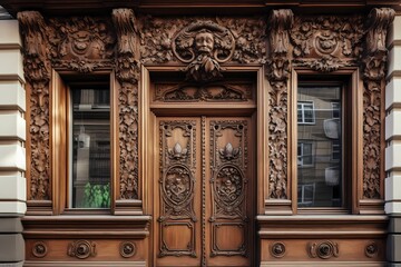 A building with carved wooden doors Generative AI