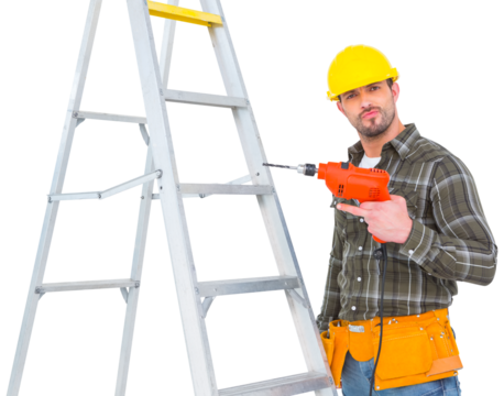 Portrait of handyman with power drill standing by ladder