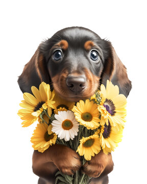 Cute dachshund puppy dog with a bouquet of yellow flowers for Mothers day or birthday present.  Generative AI.