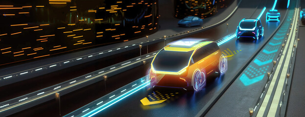 futuristic robotaxi on highway with full self driving system activated for transportation autonomy concepts as wide banner with copy space area - Generative AI