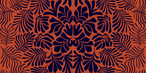 Fototapeta premium Terracotta brown abstract background with tropical palm leaves in Matisse style. Vector seamless pattern with Scandinavian cut out elements.