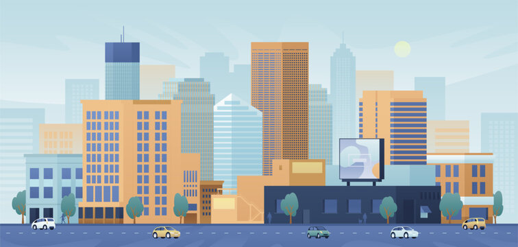 Flat vector illustration of downtown. Cartoon urban cityscape with store, real estate and skyscrapers. City landscape with street traffic and advertising billboard.