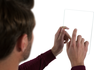 Man using glass digital tablet 