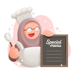 Muslim Woman Chef Mascot Wearing Appron Hold Cooking Whisks With Menu in Hand