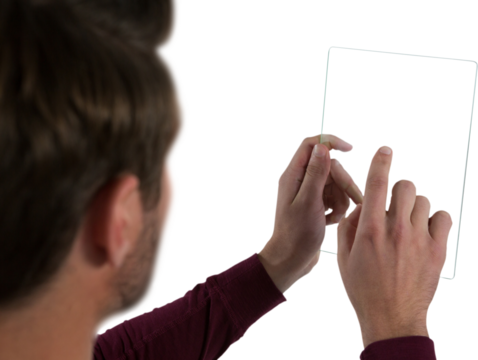 Man using glass digital tablet 