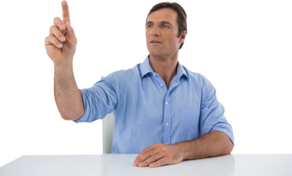 Male executive pressing an invisible virtual screen