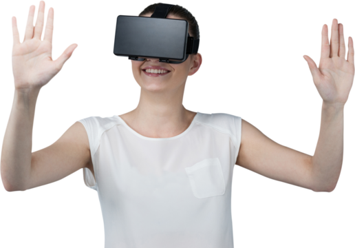 Woman gesturing while using virtual reality headset