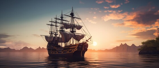 Pirate ship sailing on the open sea, with the wind in its sails and the sun setting in the background. Generative AI