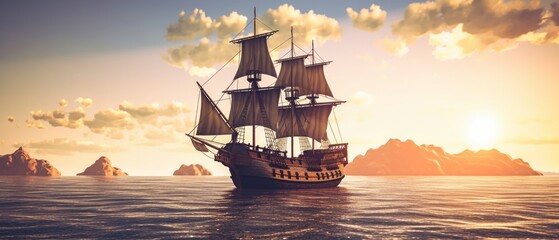 Pirate ship sailing on the open sea, with the wind in its sails and the sun setting in the background. Generative AI - obrazy, fototapety, plakaty
