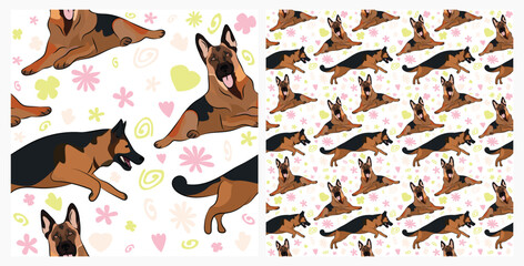 Spring pattern with spirals, leaf, flowers, 
German Shepherd dogs. Pastel colors. Elegant, soft seamless background, abstract summer pattern with hand-drawn colorful shapes. Delicate, gender-neutral.
