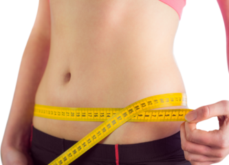 Woman measuring waist over white background