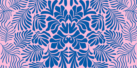 Pink blue abstract background with tropical palm leaves in Matisse style. Vector seamless pattern with Scandinavian cut out elements.